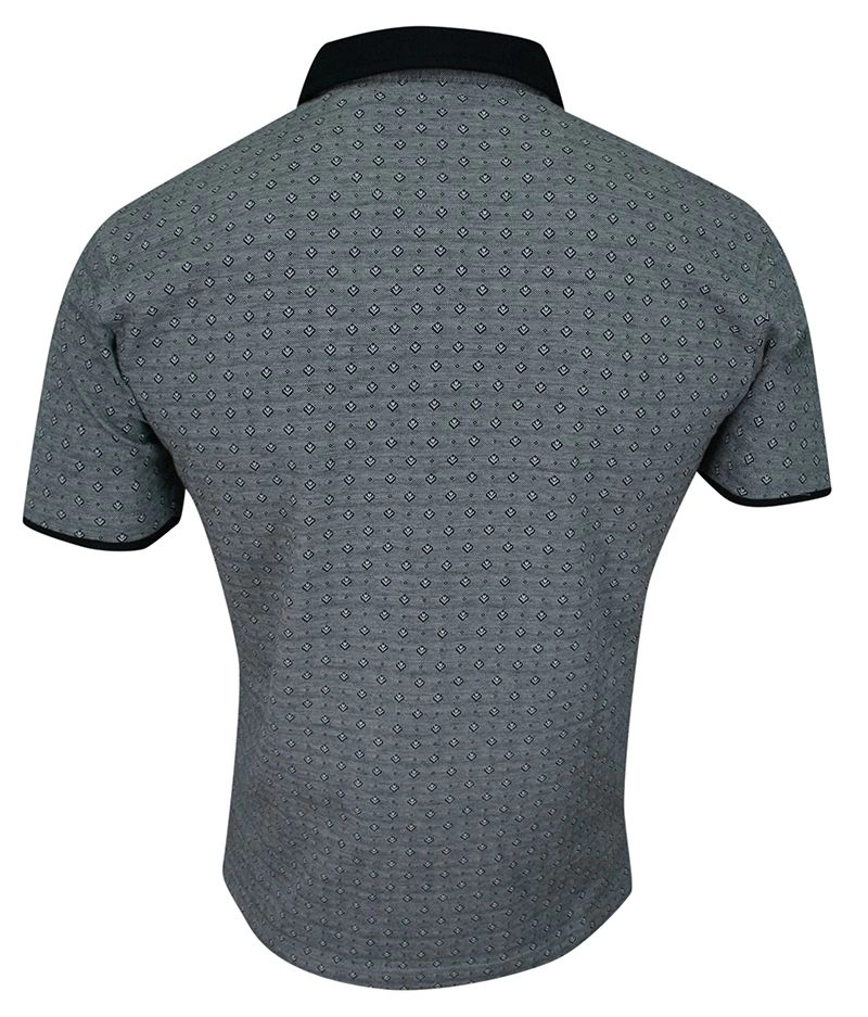 Koszulka POLO, Granatowa w Drobny Wzór Geometryczny, Męska, Krótki Rękaw, T-shirt -ELKJAER
