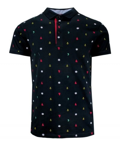 Koszulka POLO, Granatowa w Kotwice, Koła Sterowe, Żaglówki, Męska, Krótki Rękaw, T-shirt