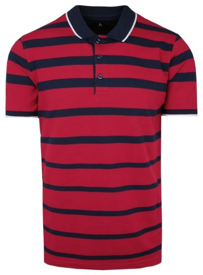 Koszulka POLO, Granatowo-Czerwona w Paski Casualowa, Krótki Rękaw, T-shirt -BARTEX