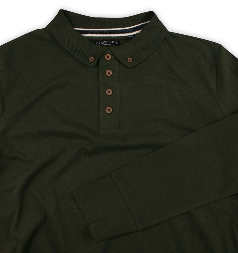 Koszulka Polo Zielona, Khaki, Długi Rękaw, Longsleeve z Kołnierzykiem - Brave Soul, Męski, Oliwka