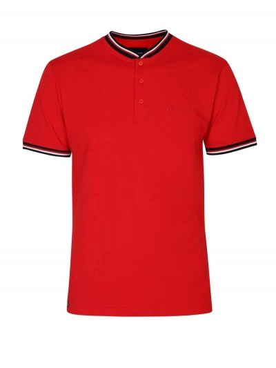 Koszulka ze Stójką, Czerwona Krótki Rękaw, T-shirt z Guzikami, Męski -QUICKSIDE