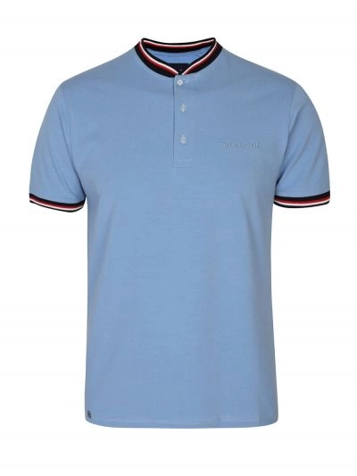 Koszulka ze Stójką, Niebieska Krótki Rękaw, T-shirt z Guzikami, Męski -QUICKSIDE