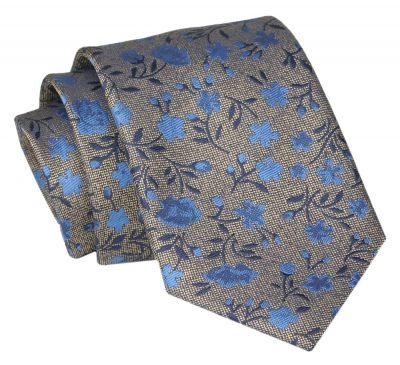 Krawat - ALTIES - Beżowy, Motyw Kwiatowy