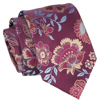 Krawat - ALTIES - Bordowy Krawat z Motywem Kwiatowym