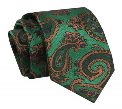 Krawat - ALTIES - Brązowe, Duże Paisley, Tło Zielone