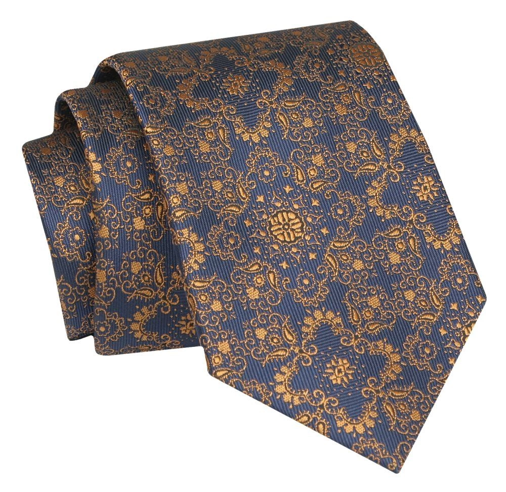 Krawat - ALTIES - Ciemnozłoty, Orientalny Wzór