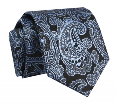 Krawat - ALTIES - Czerń z Niebieskim Wzorem Orientalnym