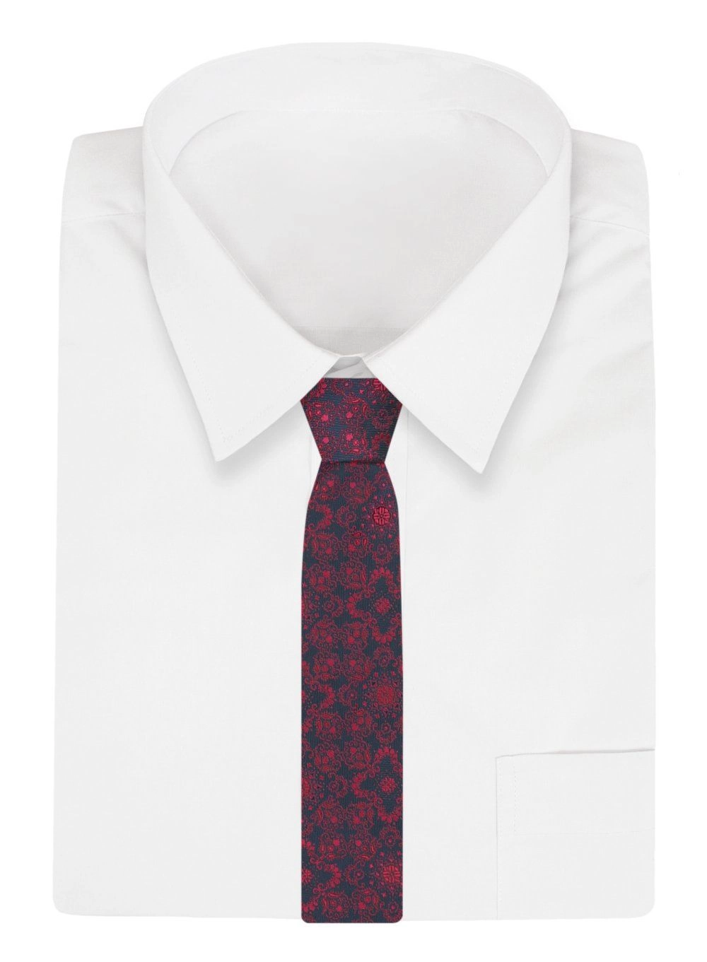 Krawat - ALTIES - Granatowy, Czerwony Wzór Orientalny