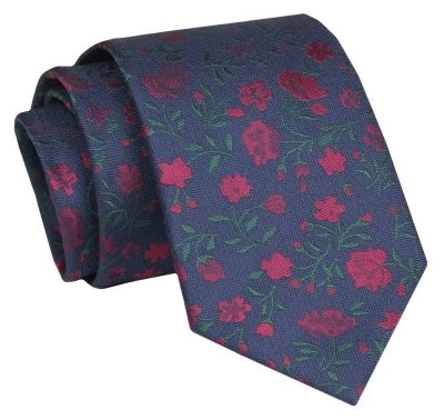 Krawat - ALTIES - Granatowy, Wzór w Kwiaty