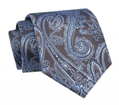 Krawat - ALTIES - Niebieski Wzór na Brązowym Tle