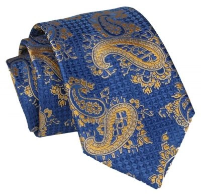 Krawat - ALTIES - Niebieski, Złote Paisley