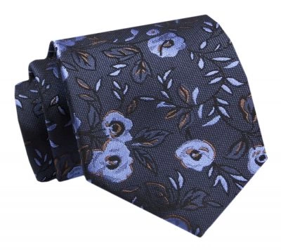 Krawat - ALTIES - Niebieskie Kwiaty, Granatowe Tło