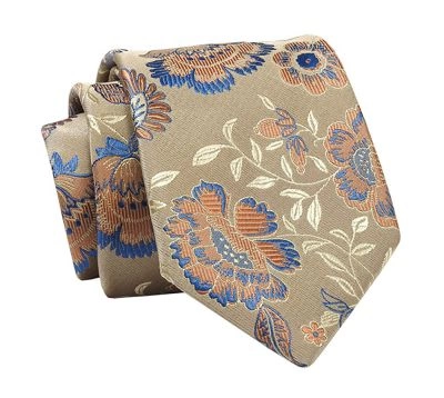 Krawat Beżowy w Kwiatki, 7 cm, Elegancki, Klasyczny, Męski -ALTIES