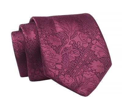 Krawat Bordowy w Tłoczone Kwiatki, 7 cm, Elegancki, Klasyczny, Męski -ALTIES