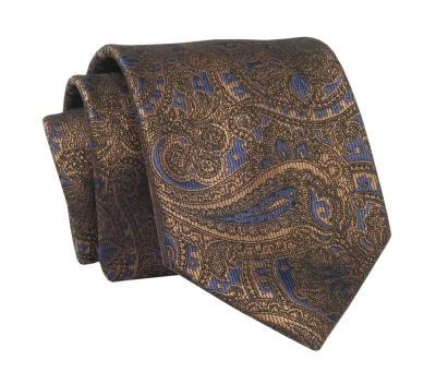 Krawat Brązowo-Granatowy w Łezki, Paisley, 7 cm, Elegancki, Klasyczny, Męski -ALTIES
