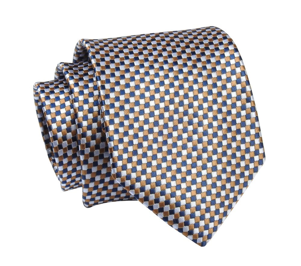 Krawat Brązowy, Karmelowy w Drobną Kratkę, 7 cm, Elegancki, Klasyczny, Męski -ALTIES
