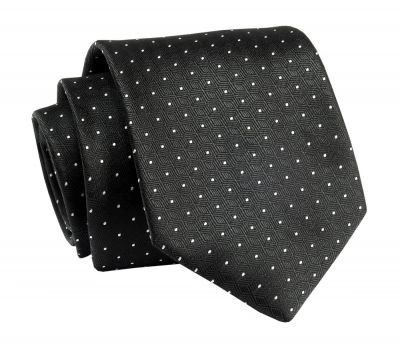 Krawat Czarny w Białe Kropki, Groszki, 7 cm, Elegancki, Klasyczny, Męski -ALTIES