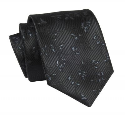 Krawat Czarny w Kwiatki, 7 cm, Elegancki, Klasyczny, Męski -ALTIES