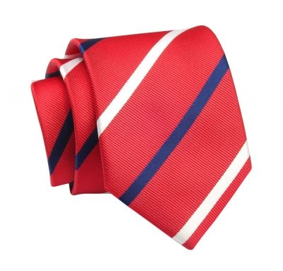 Krawat Czerwony w Granatowo-Białe Paski 7 cm, Elegancki, Klasyczny, Męski -ALTIES