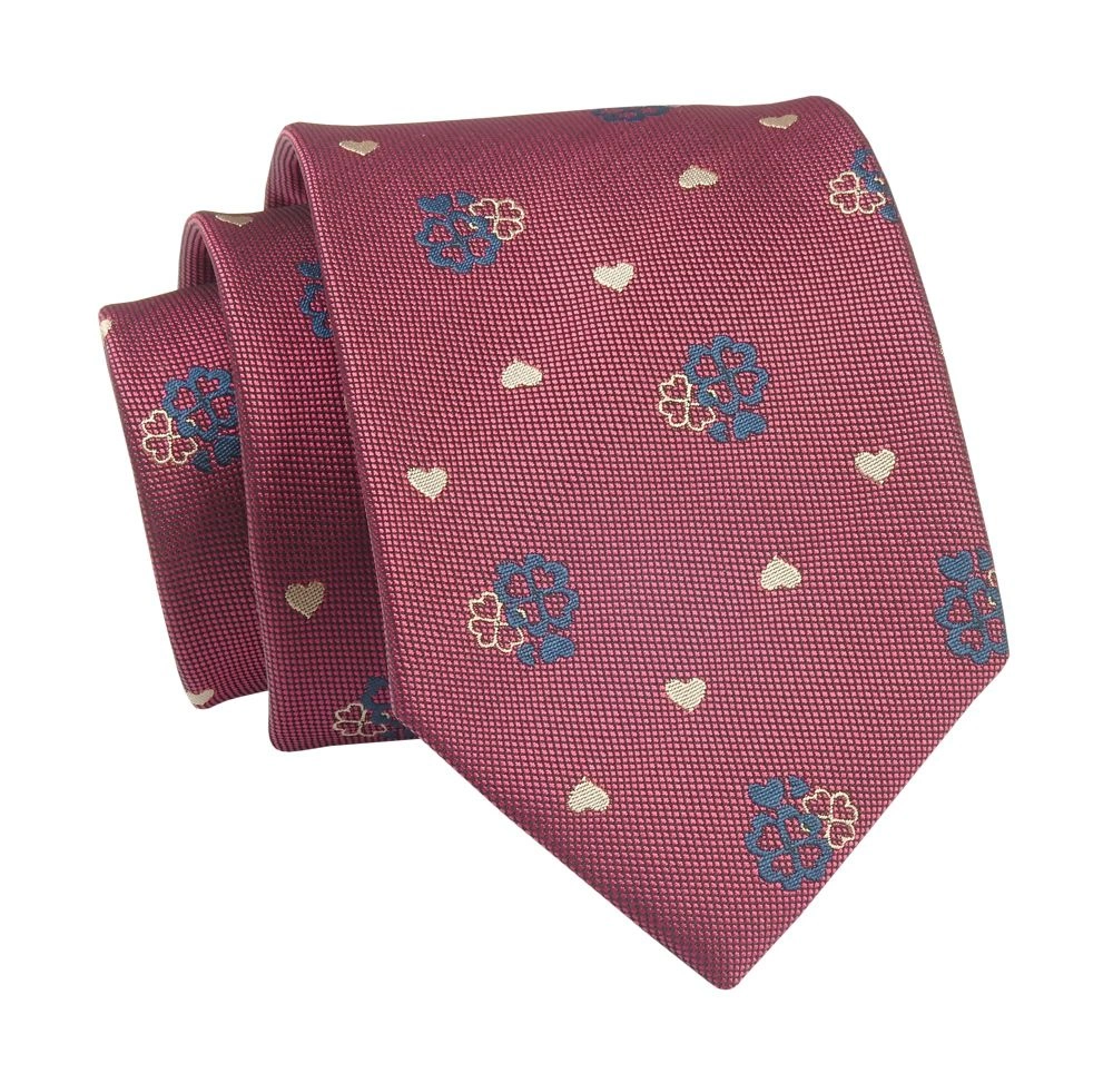 Krawat Czerwony w Serduszka, Koniczynkę, 7 cm, Elegancki, Klasyczny, Męski -ALTIES