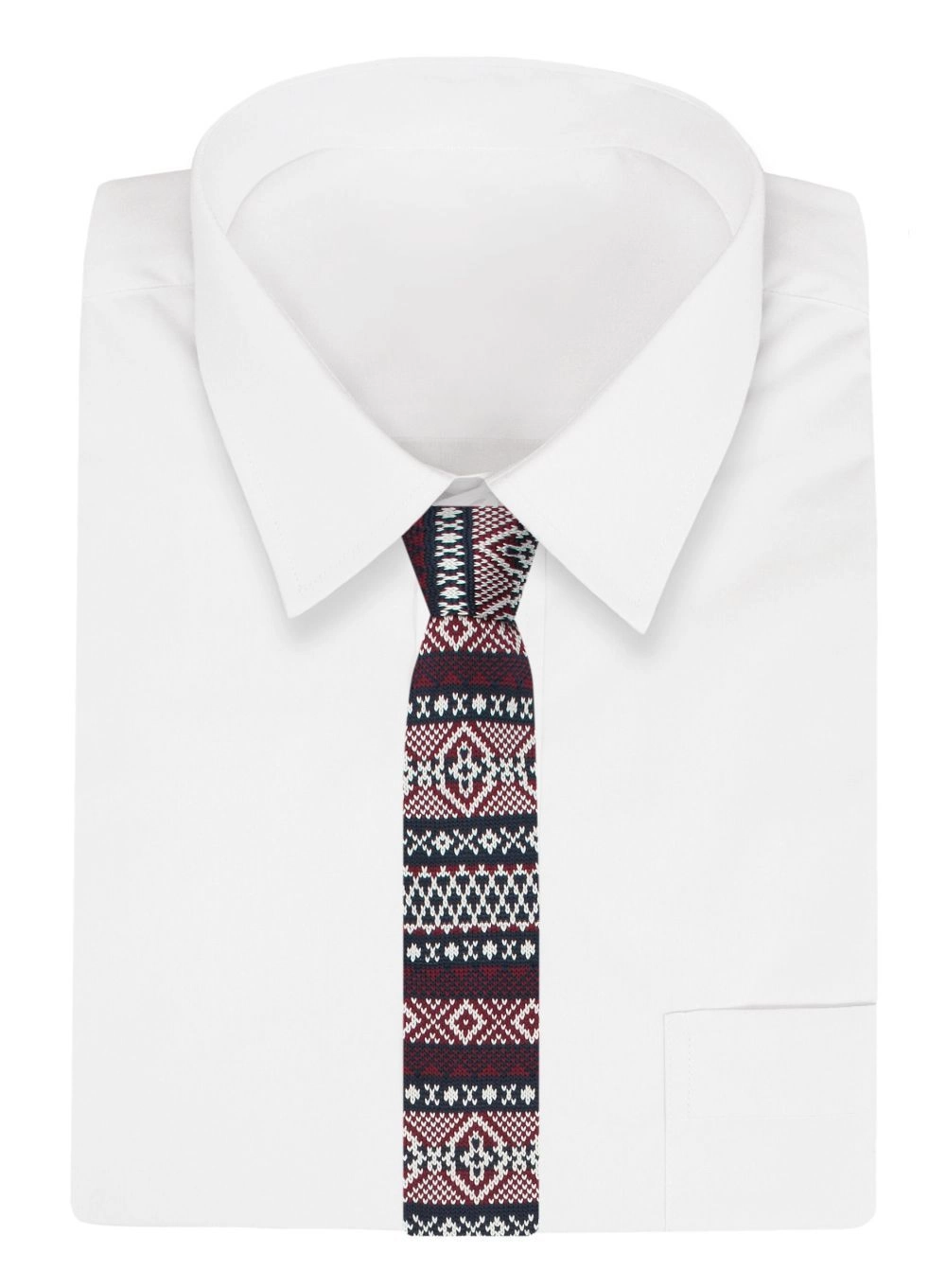 Krawat Dziergany Świąteczny Granatowo-Bordowy Męski Knit Wzór Norweski- 5,5 cm ALTIES