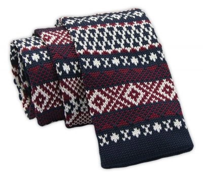 Krawat Dziergany Świąteczny Granatowo-Bordowy Męski Knit Wzór Norweski- 5,5 cm ALTIES