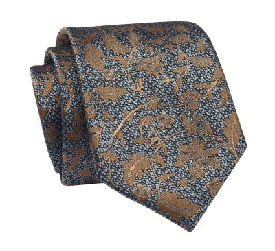 Krawat Grafitowo-Brązowy w Kwiatki, 7 cm, Elegancki, Klasyczny, Męski -ALTIES