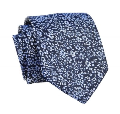 Krawat Granatowo-Niebieski w Drobne Kwiatki, 7 cm, Elegancki, Klasyczny, Męski -ALTIES