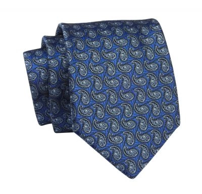 Krawat Granatowo-Niebieski w Paisley, Łezki, 7 cm, Elegancki, Klasyczny, Męski -ALTIES