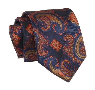 Krawat Granatowo-Pomarańczowy w Paisley, Łezki, 7 cm, Elegancki, Klasyczny, Męski -ALTIES