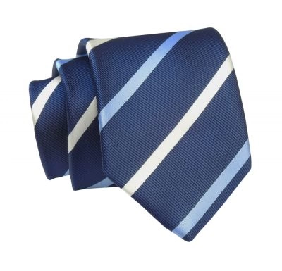 Krawat Granatowy w Niebiesko-Białe Paski 7 cm, Elegancki, Klasyczny, Męski -ALTIES