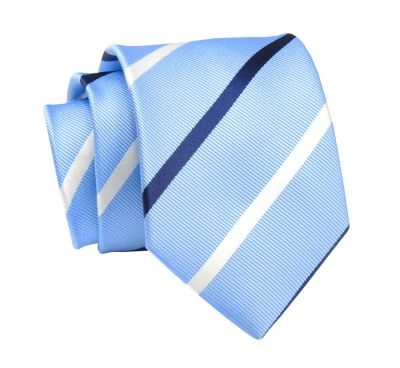 Krawat Jasny Niebieski w Granatowo-Białe Paski 7 cm, Elegancki, Klasyczny, Męski -ALTIES