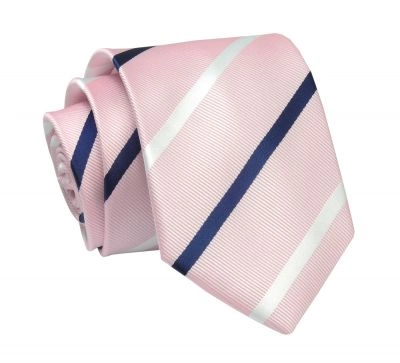 Krawat Jasny Różowy w Granatowo-Białe Paski 7 cm, Elegancki, Klasyczny, Męski -ALTIES