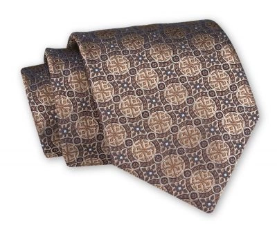 Krawat Klasyczny, Beżowo-Brązowy, Wzór Geometryczny, Męski, Szeroki 8 cm, Elegancki -CHATTIER