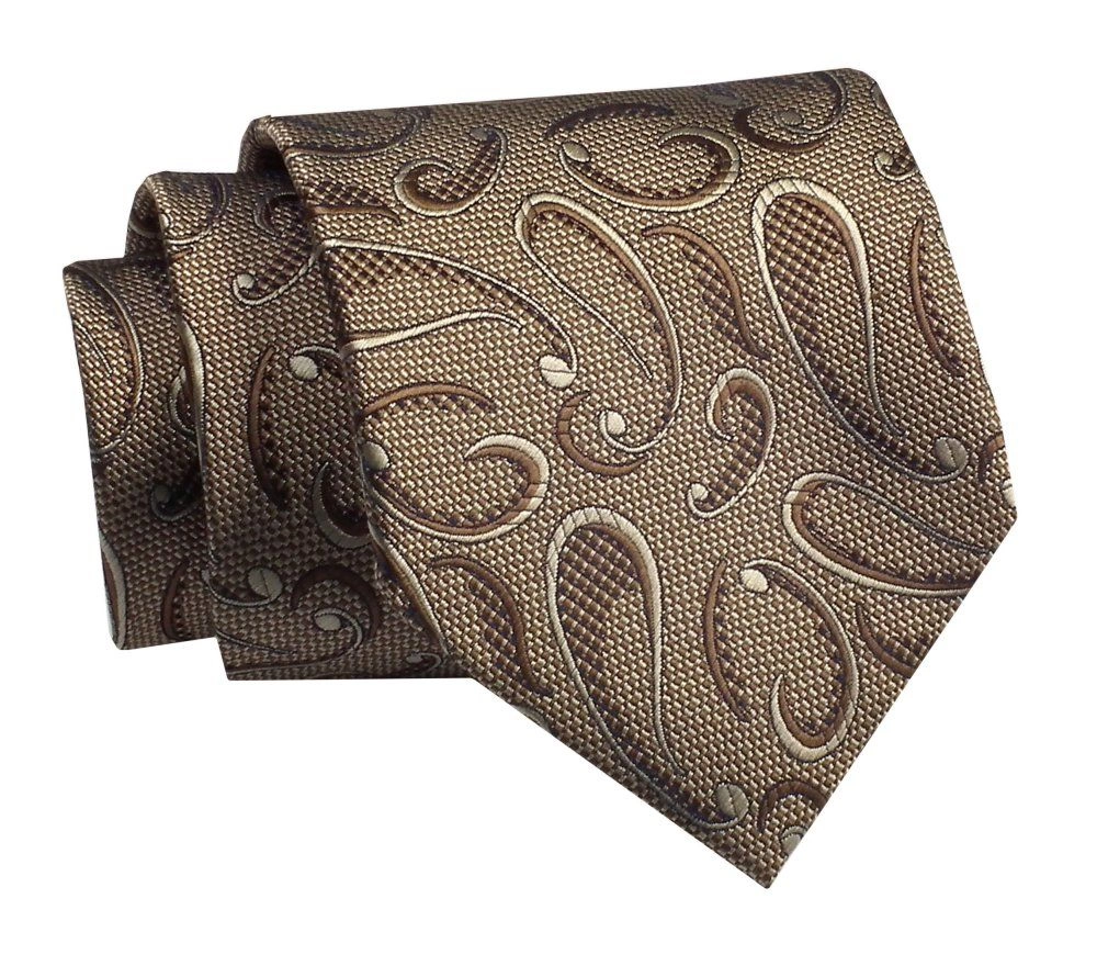 Krawat Klasyczny, Brązowo-Beżowy w Paisley Męski, Szeroki 8 cm, Elegancki -CHATTIER