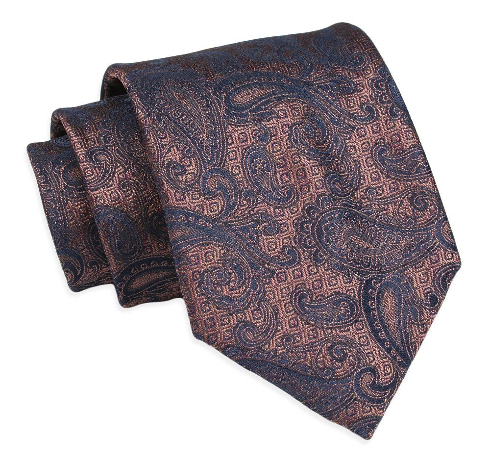 Krawat Klasyczny, Brązowo-Granatowy w Paisley, Łezki, Męski, Szeroki 8 cm, Elegancki -CHATTIER