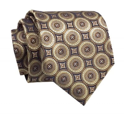 Krawat Klasyczny, Granatowo-Beżowy w Kółka, Geometryczny Wzór, Szeroki 8 cm, Elegancki -CHATTIER