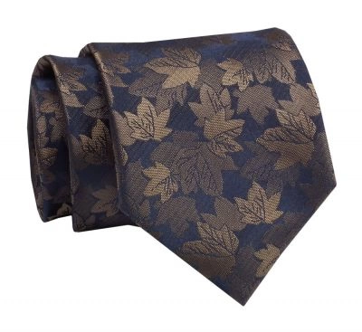 Krawat Klasyczny, Granatowo-Brązowy w Listki, Męski, Szeroki 8 cm, Elegancki -CHATTIER