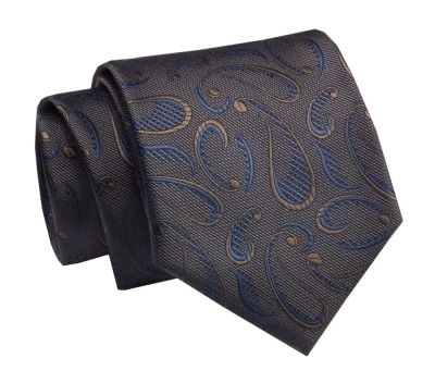 Krawat Klasyczny, Granatowo-Brązowy w Paisley, Łezki, Męski, Szeroki 8 cm, Elegancki -CHATTIER
