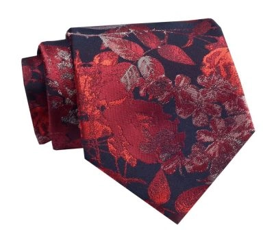Krawat Klasyczny, Granatowo-Czerwony w Kwiatki, Męski, Szeroki 8 cm, Elegancki -CHATTIER