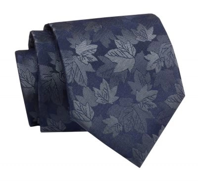 Krawat Klasyczny, Granatowo-Niebieski w Listki, Męski, Szeroki 8 cm, Elegancki -CHATTIER