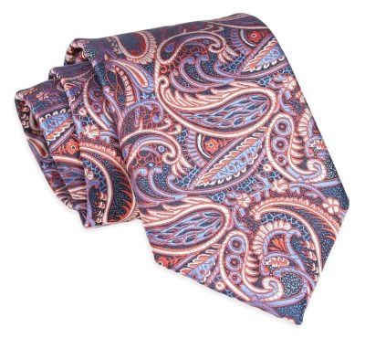 Krawat Klasyczny, Granatowo-Pomarańczowy w Paisley, Łezki, Męski, Szeroki 8 cm, Elegancki -CHATTIER