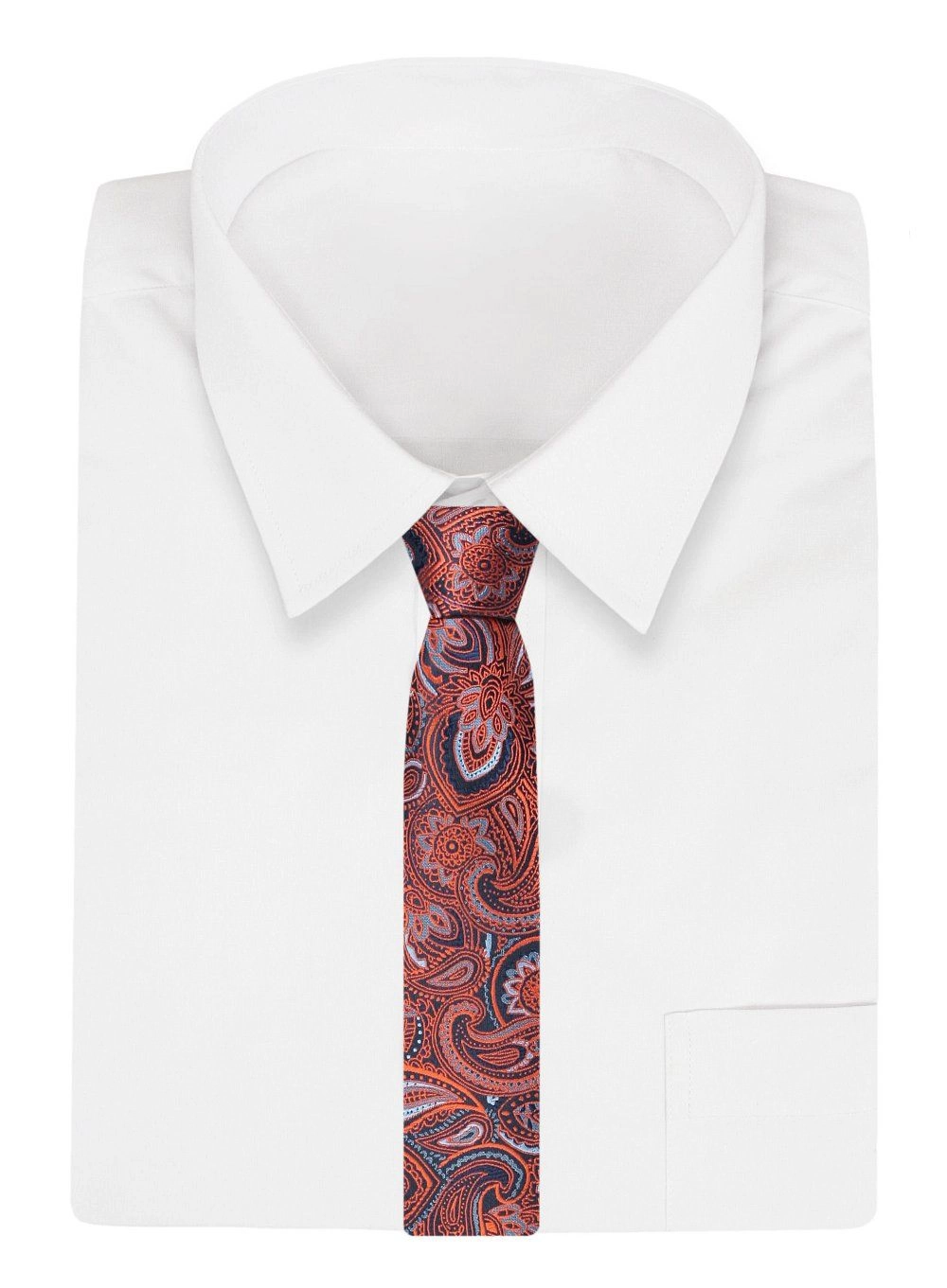 Krawat Klasyczny, Granatowo-Pomarańczowy w Paisley, Męski, Szeroki 8 cm, Elegancki -CHATTIER