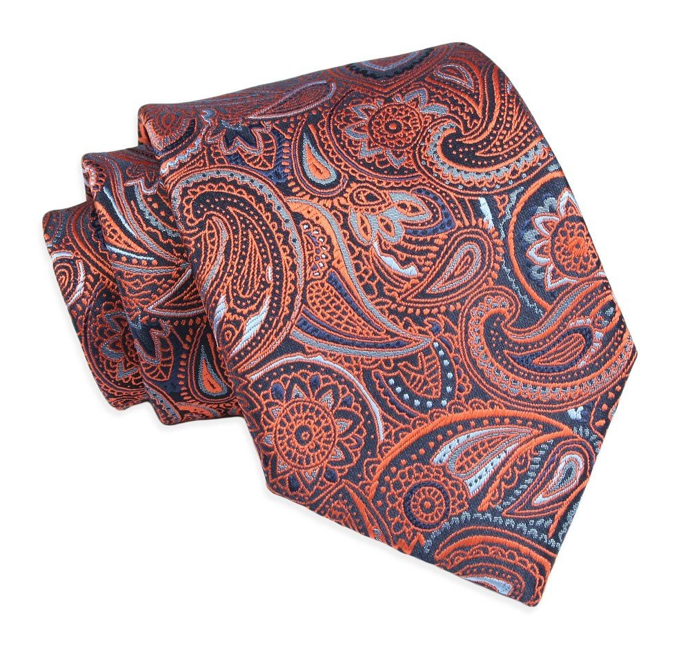 Krawat Klasyczny, Granatowo-Pomarańczowy w Paisley, Męski, Szeroki 8 cm, Elegancki -CHATTIER