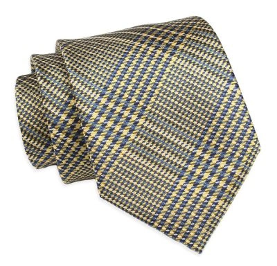 Krawat Klasyczny, Granatowo-Żółty w Kratkę, Męski, Szeroki 8 cm, Elegancki -CHATTIER