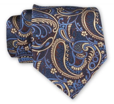 Krawat Klasyczny, Granatowy w Beżowo-Niebieski Wzór Paisley Męski, Szeroki 8 cm, Elegancki -CHATTIER