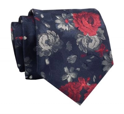 Krawat Klasyczny, Granatowy w Czerwone Kwiatki, Róże, Męski, Szeroki 8 cm, Elegancki -CHATTIER