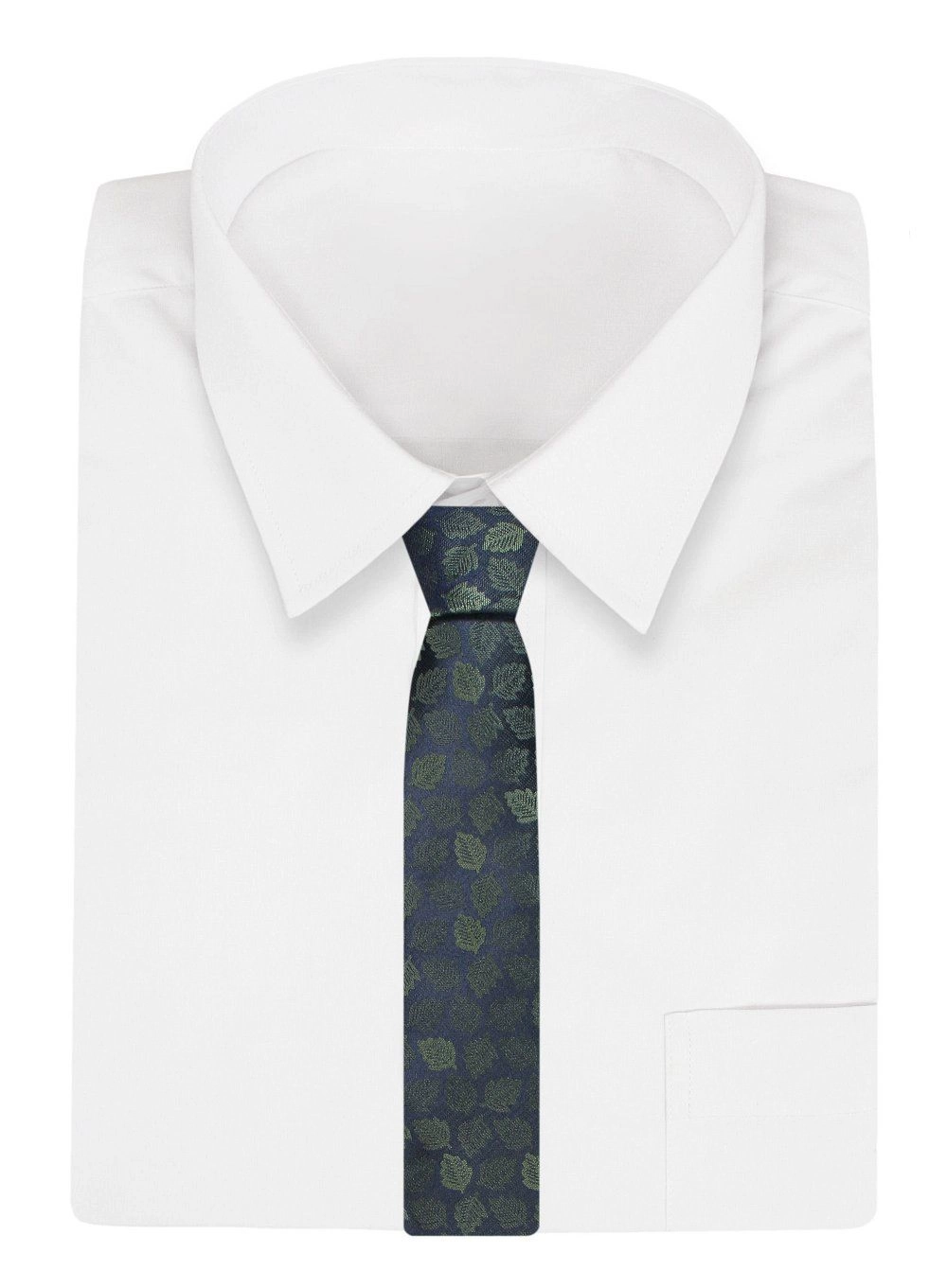 Krawat Klasyczny, Granatowy w Zielone Listki, Męski, Szeroki 8 cm, Elegancki -CHATTIER