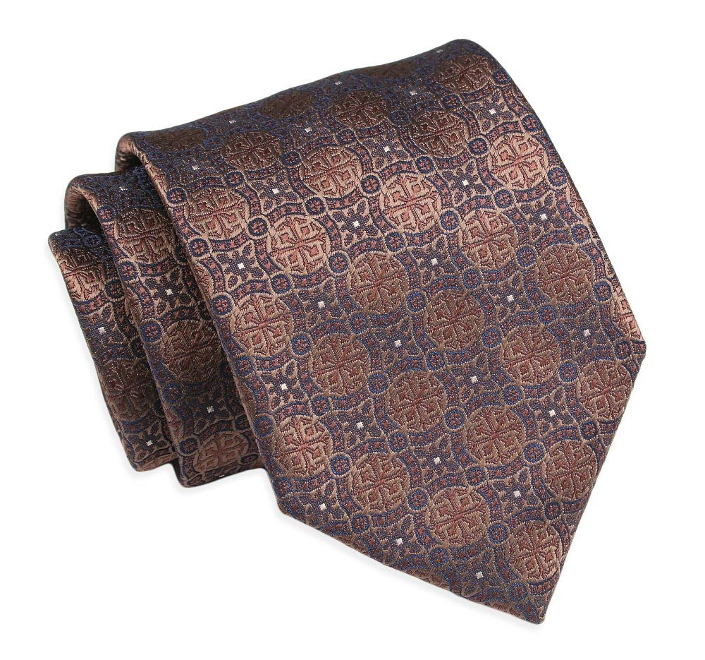 Krawat Klasyczny, Męski, Brązowo-Beżowy, Wzór Geometryczny, Szeroki 8 cm, Elegancki -CHATTIER