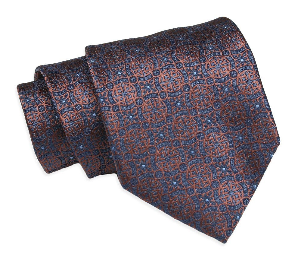 Krawat Klasyczny, Męski, Granatowo-Brązowy, Wzór Geometryczny, Szeroki 8 cm, Elegancki -CHATTIER